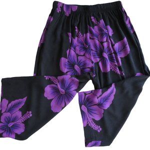 Vintage Aloha Hut Hawaiian Cropped Pants S Purple Orchid Elastic Beach Vacation